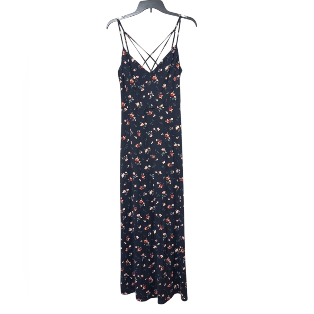 Nine Britton Navy Blue Ditsy Floral‎ Strappy Babydoll V-Neckline Maxi Dress M